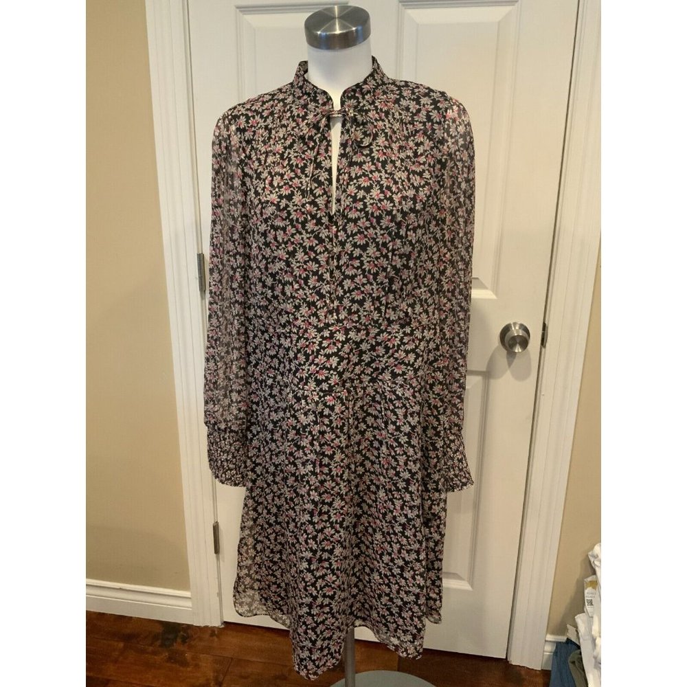 Diane Von Furstenberg Black & Cream Silk Floral Shirt Dress, Size 16 (US)